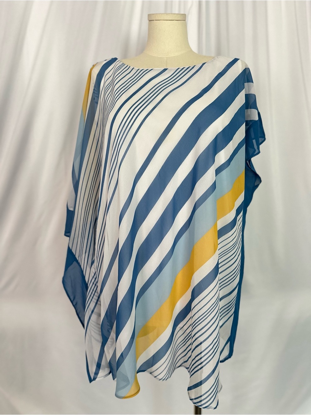 Ashley Stewart Plus Size Striped Chiffon Overlay Blouse Blue Yellow White (1375)